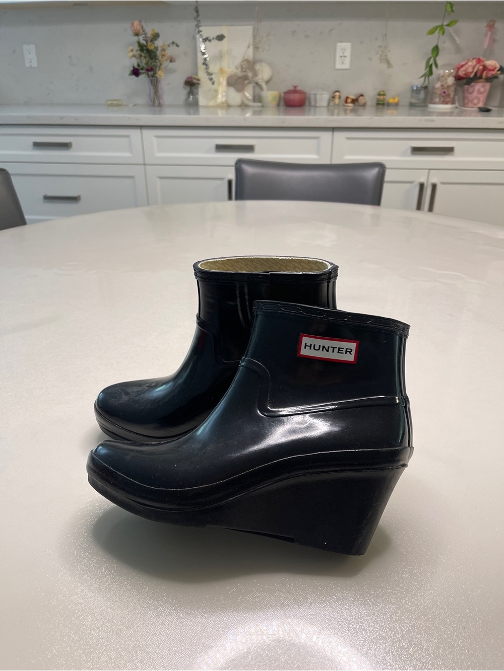 Hunter Black Gloss Wedge Rain Booties